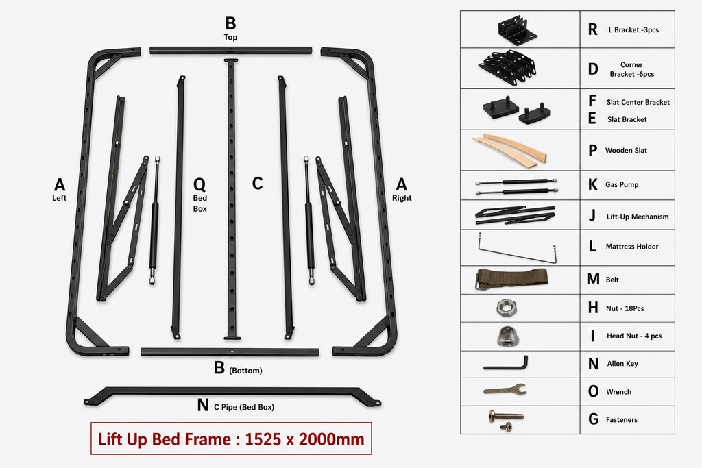 Lift-up Metal Bed Frame Top (1525 x 2000 mm)