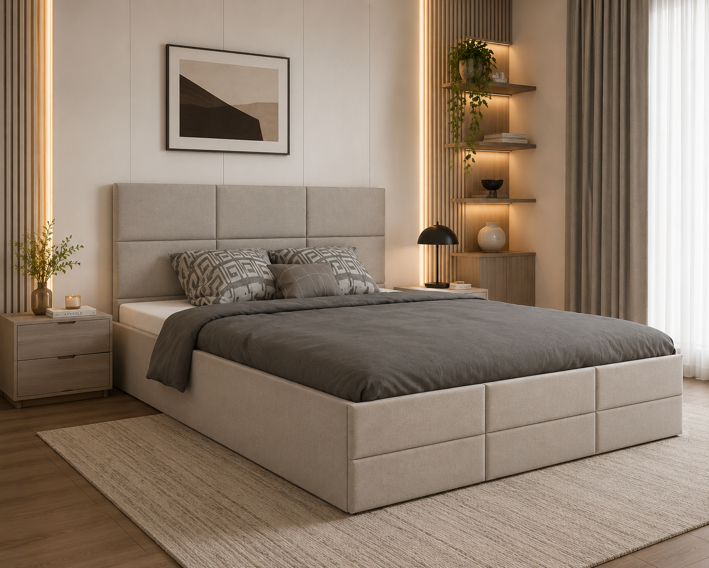 Krirush Bed | Angle Line Upholstered Bed With Storage