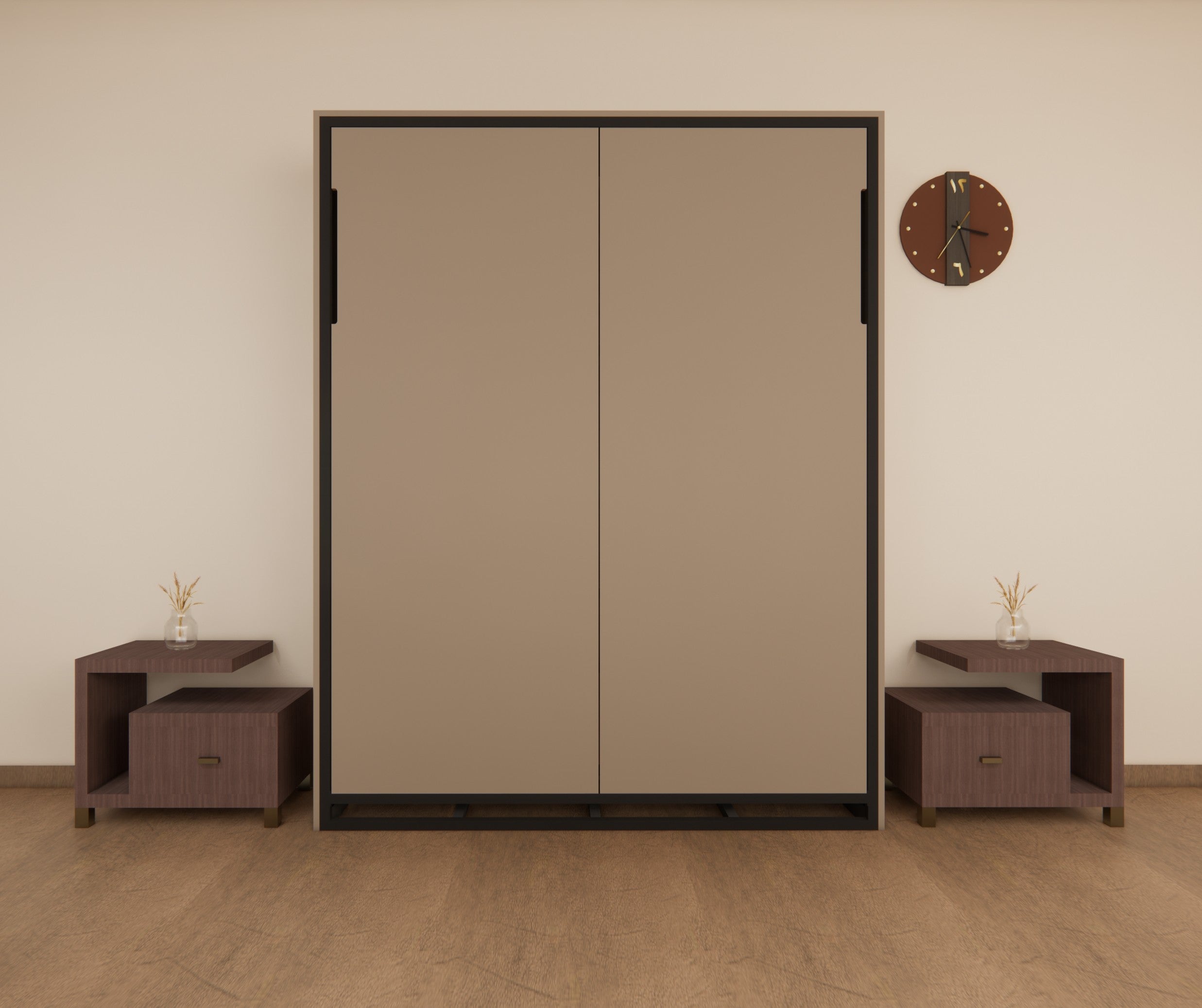 Brown sliding door with matching side panels in a room with wooden flooring and furniture.
