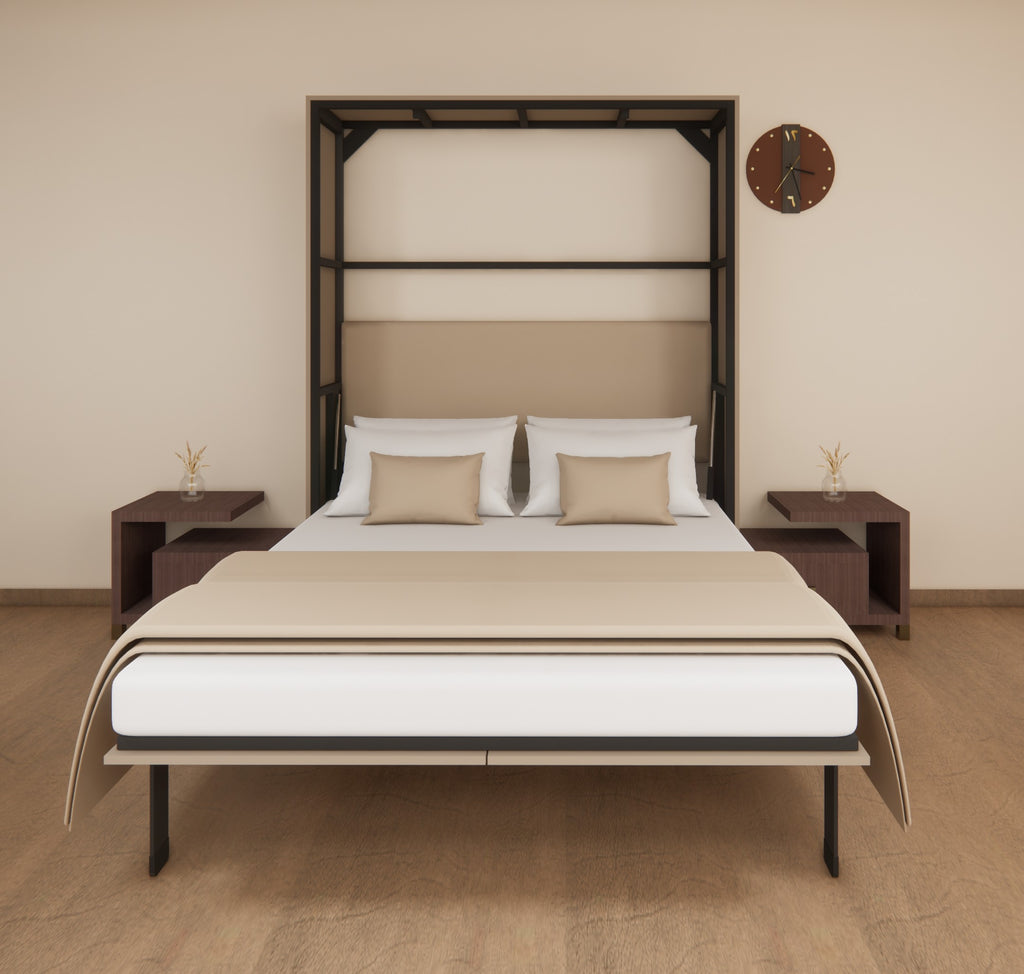 Bedroom with a bed, nightstands, and a clock on the wall.