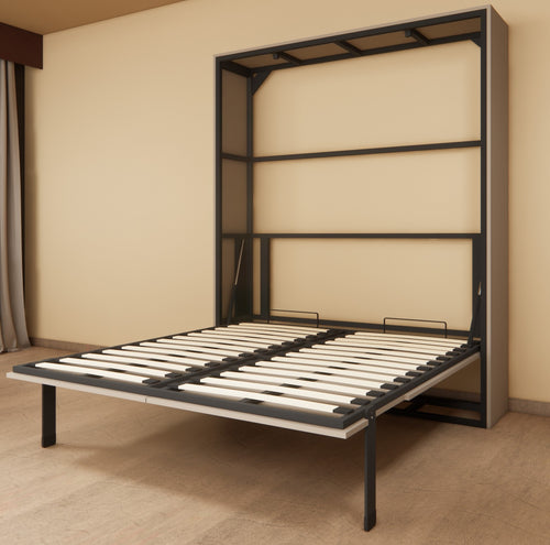 Black metal bed frame with white slats in a room with beige walls and wooden floor.