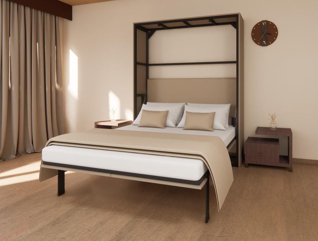 Modern bedroom with a bed, nightstands, and a clock on the wall.