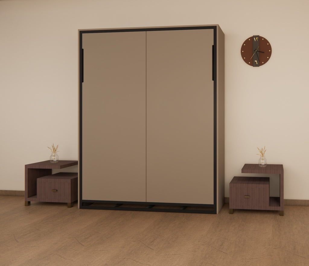Brown wardrobe with two sliding doors in a room with a clock and small tables.