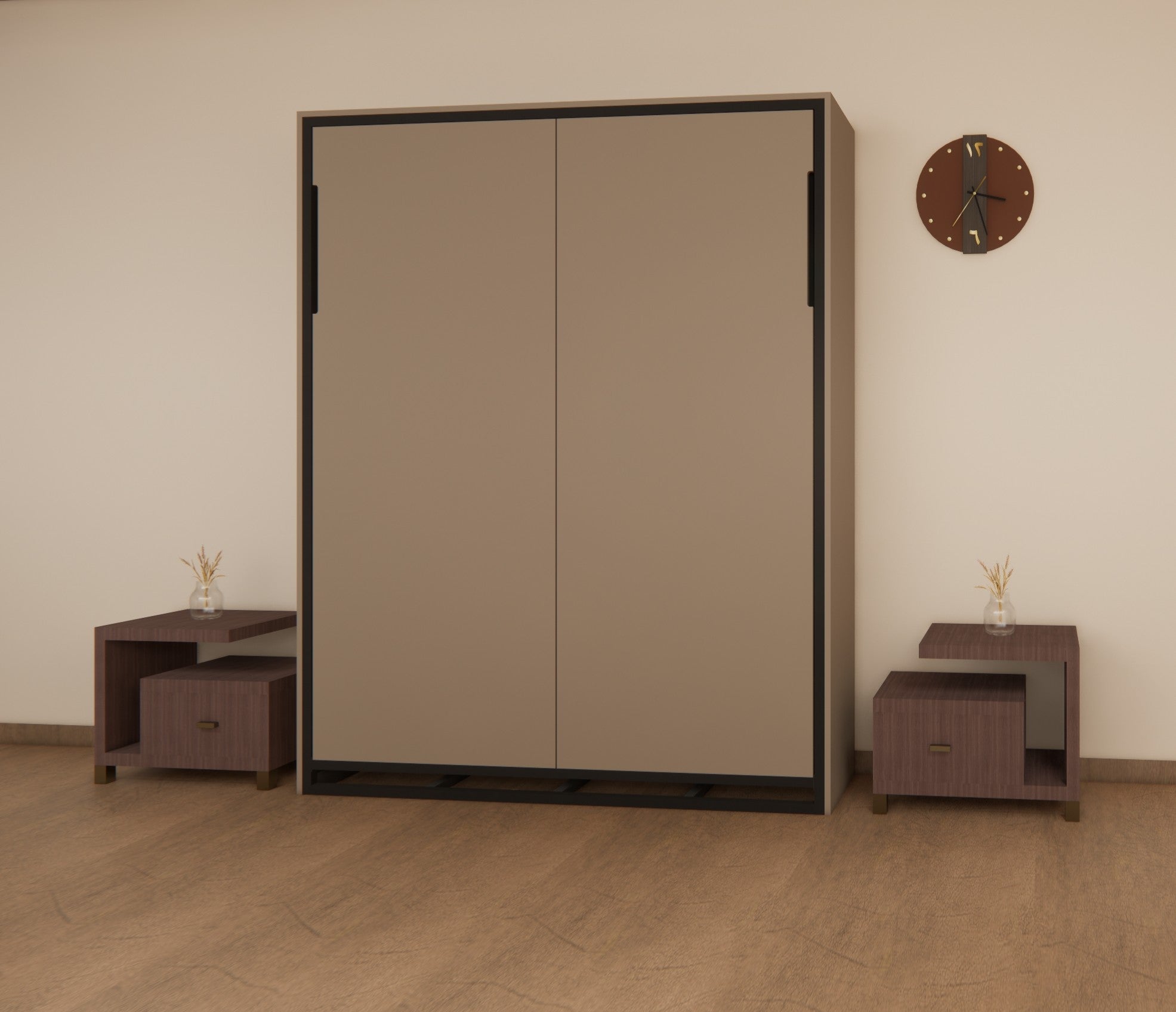 Brown wardrobe with two sliding doors in a room with a clock and small tables.