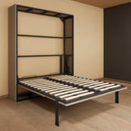 Wall-mounted bed frame with storage shelves in a room setting.