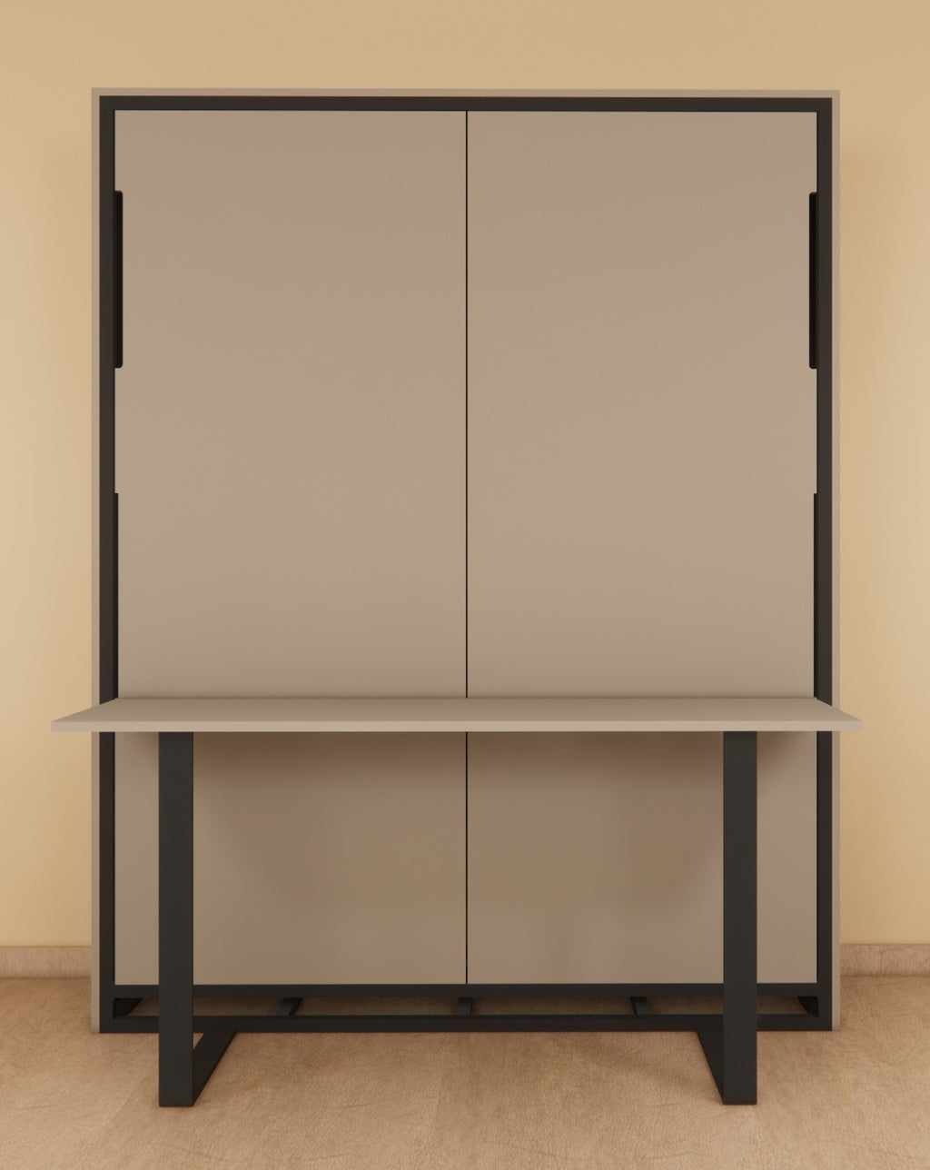 Beige wall unit with black frame on a beige background