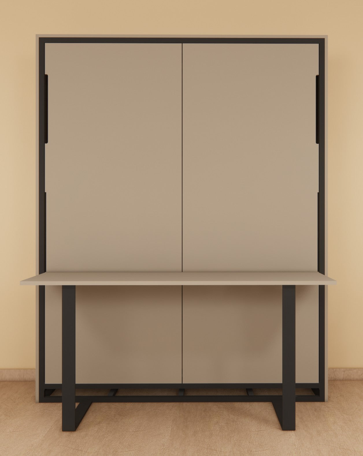 Beige wall unit with black frame on a beige background
