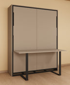 Beige wall-mounted desk with black frame against a beige wall
