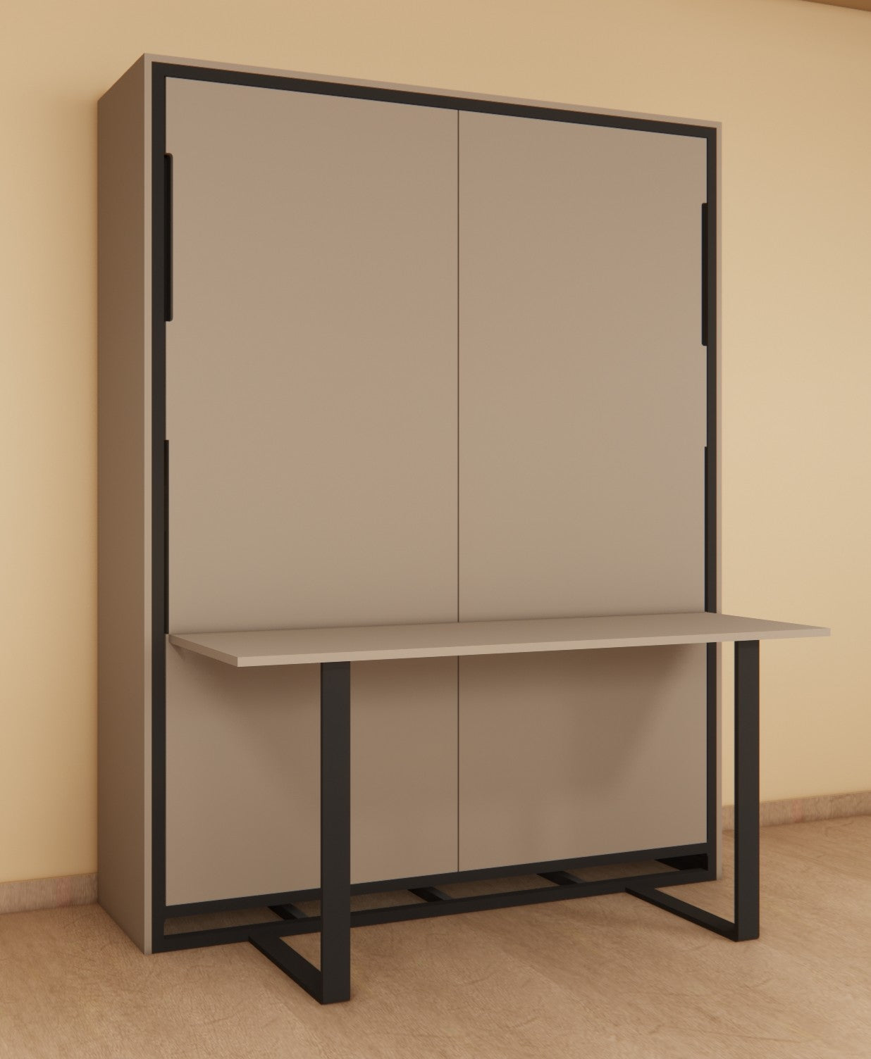Beige wall-mounted desk with black frame against a beige wall