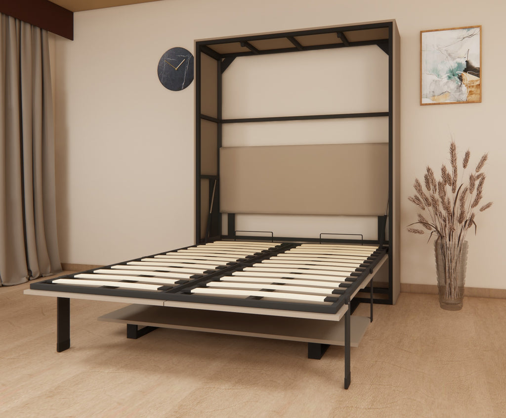 Modern bed frame with pull-out panel in a room setting