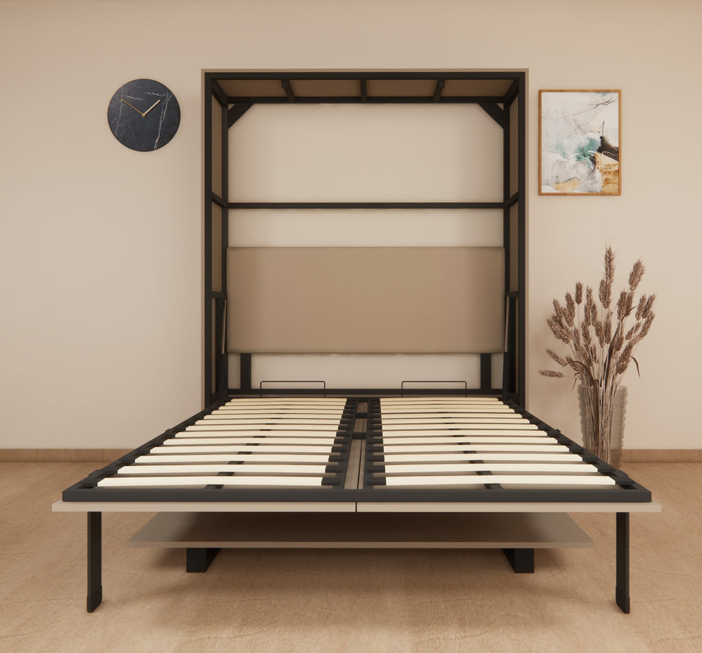 Black metal bed frame with wooden slats on a beige floor and wall.