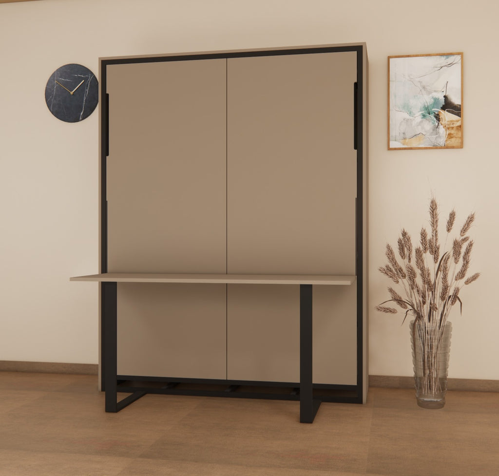Beige wall-mounted cabinet with black frame in a room setting with a clock and vase.