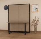 Beige wall-mounted cabinet with black frame in a room setting with a clock and vase.