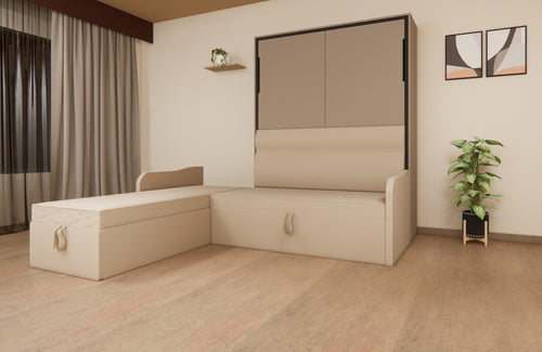 Beige wall bed in a room with curtains and a plant.