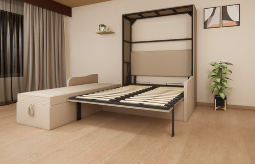 Modern bedroom with a Murphy bed in an open position.