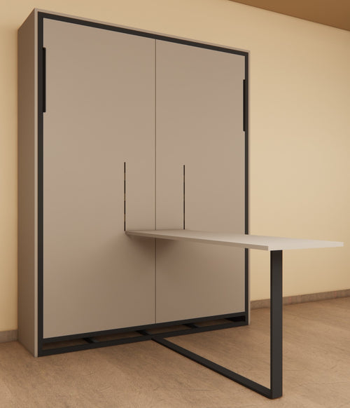 Modular furniture system with a cabinet and pull-out table on a beige background