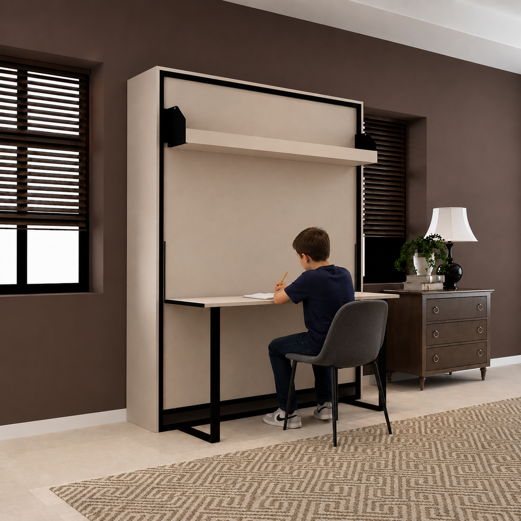 Indiana Wall Bed with Horizontal Table & Headboard Irish Dark
