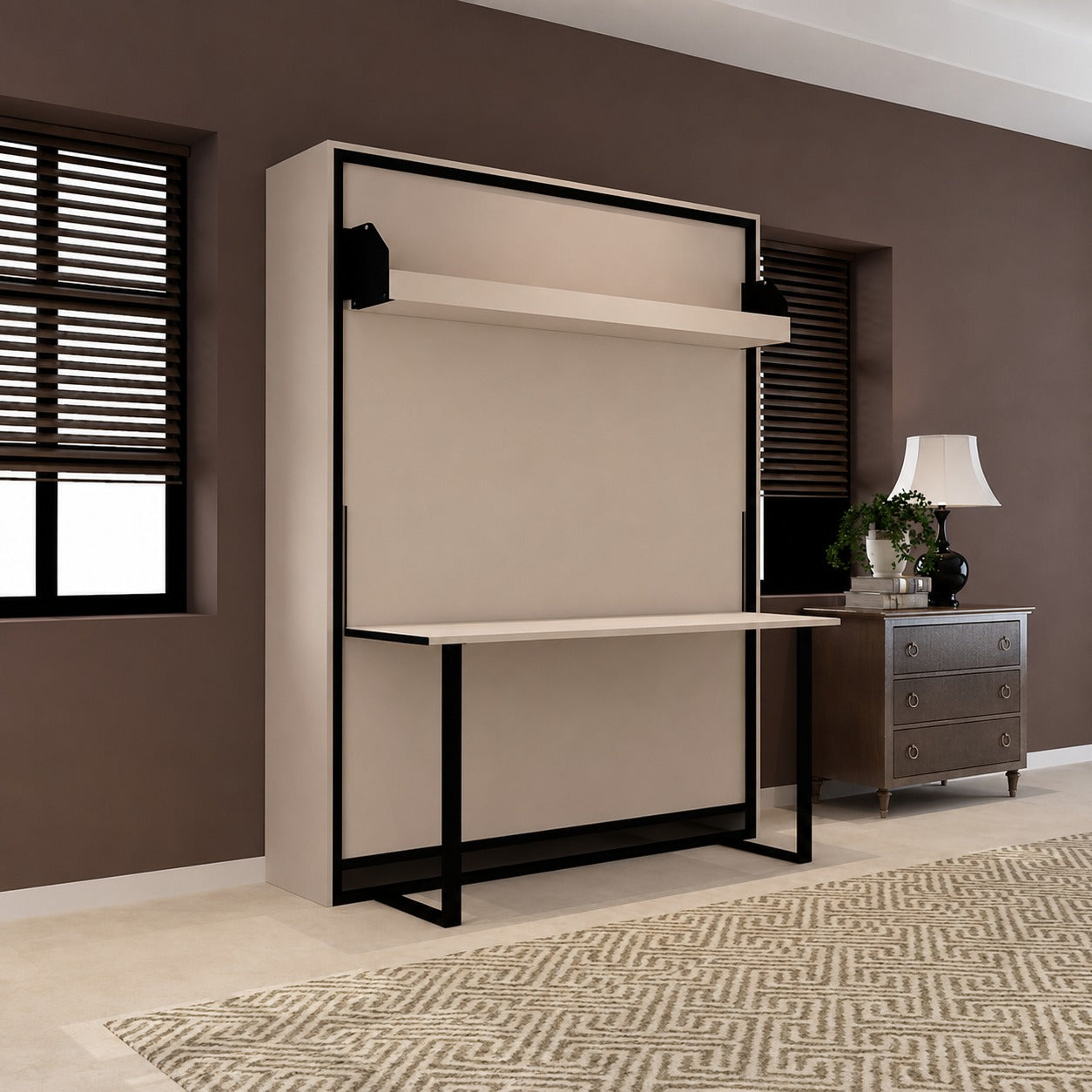 Indiana Wall Bed with Horizontal Table & Headboard Irish Dark
