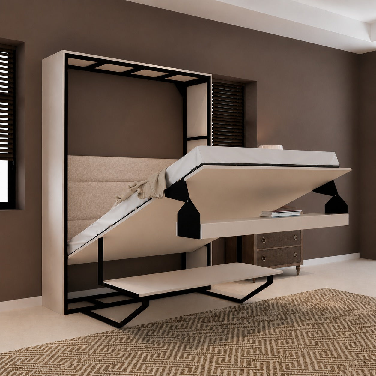 Indiana Wall Bed with Horizontal Table & Headboard Irish Dark