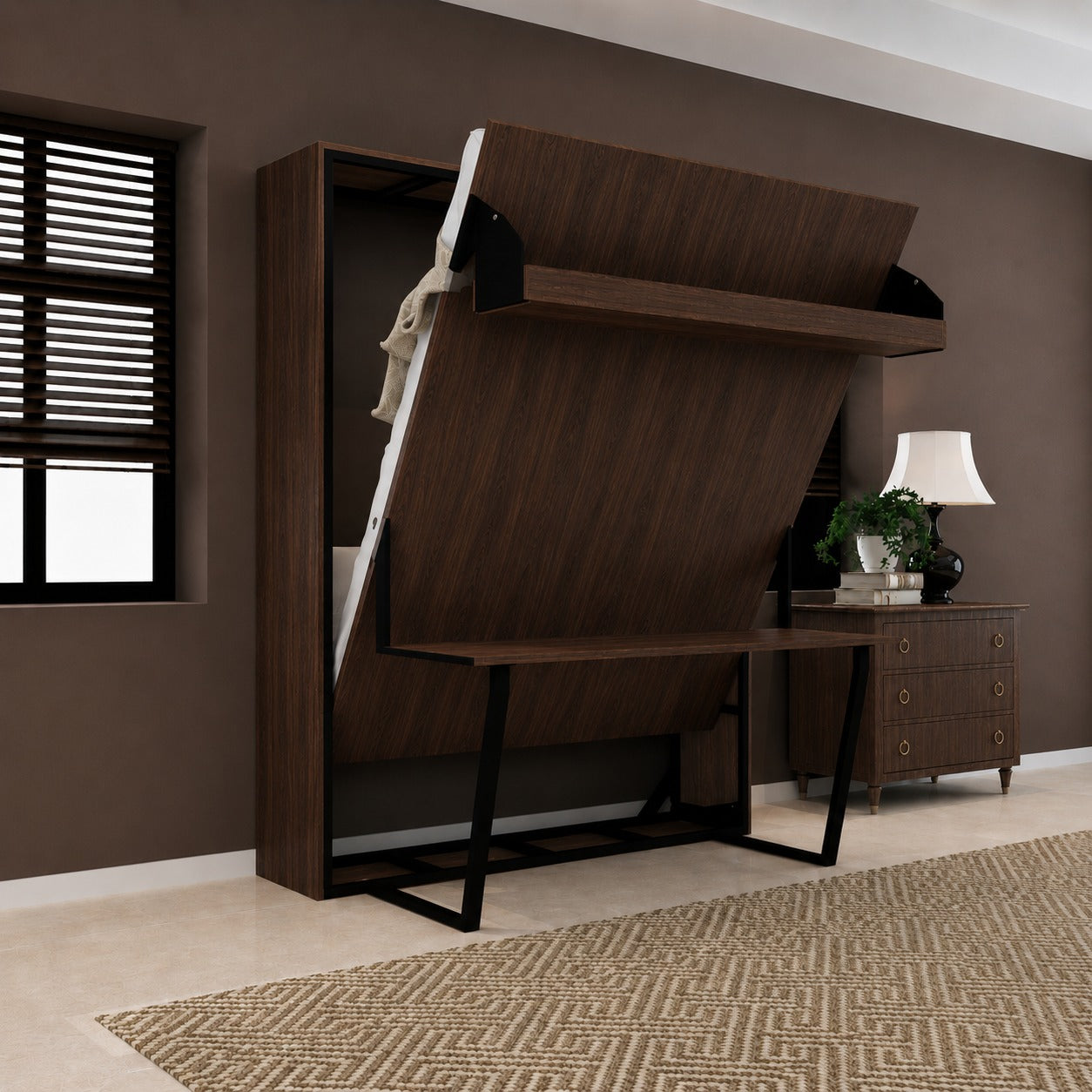 Indiana Wall Bed with Horizontal Table & Headboard Mouldau Acacia