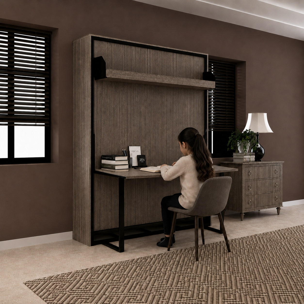 Indiana Wall Bed with Horizontal Table & Headboard Spanish Dark