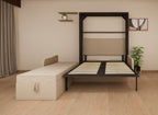 Foldable bed with beige mattress in a room setting