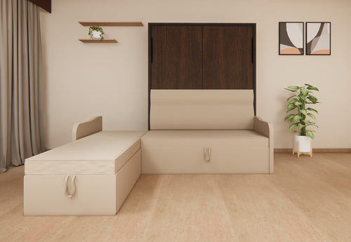 Beige sectional sofa with storage compartments in a room with a wooden floor and neutral walls.