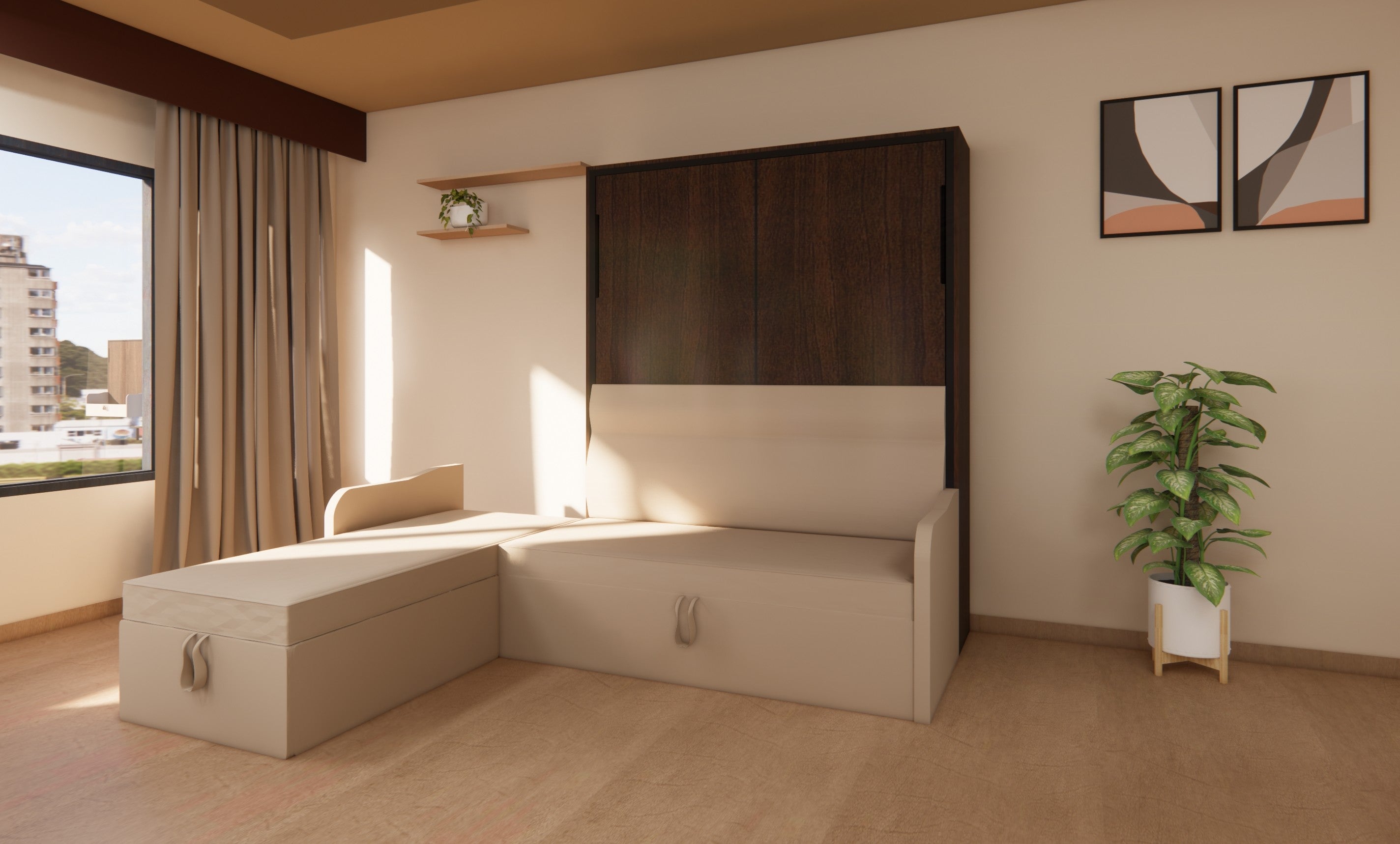 Modern bedroom with a Murphy bed, TV, and plant