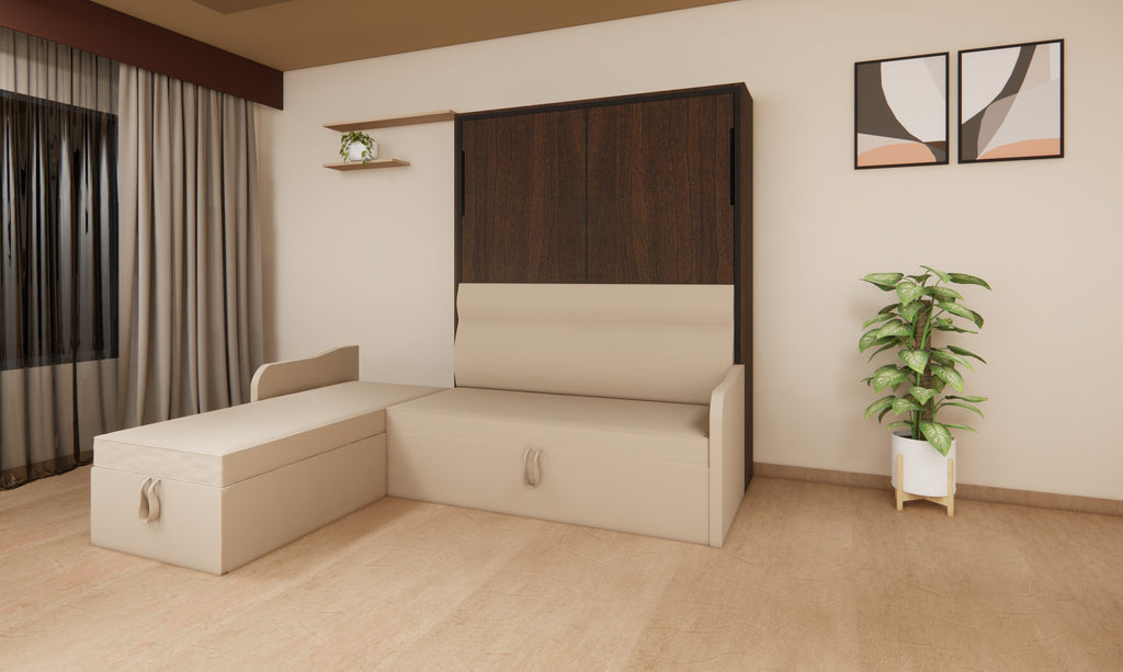 Beige sofa bed in a room with a plant and wall art