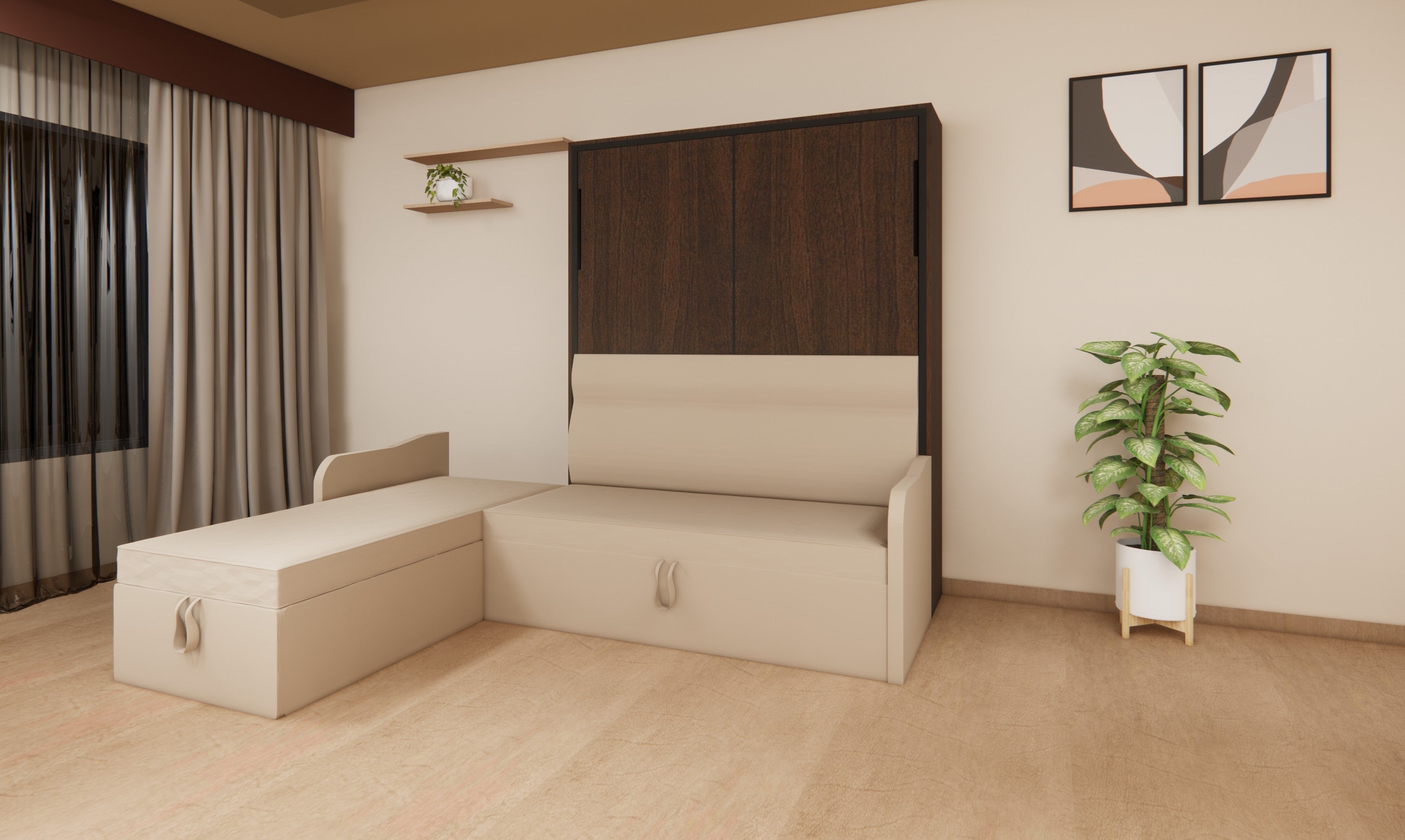 Beige sofa bed in a room with a plant and wall art