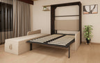 Mortise and tenon Murphy bed in a room with a desk and plant.