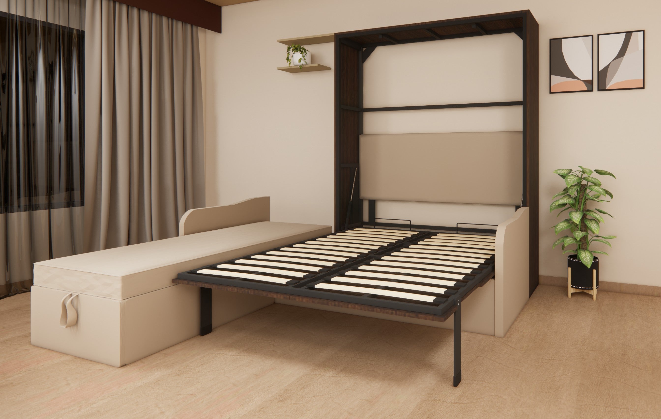 Mortise and tenon Murphy bed in a room with a desk and plant.