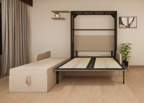 Modern bedroom with a black metal bed frame and beige storage bench.