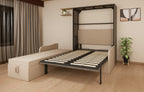 Foldable bed in a room with curtains and a plant.