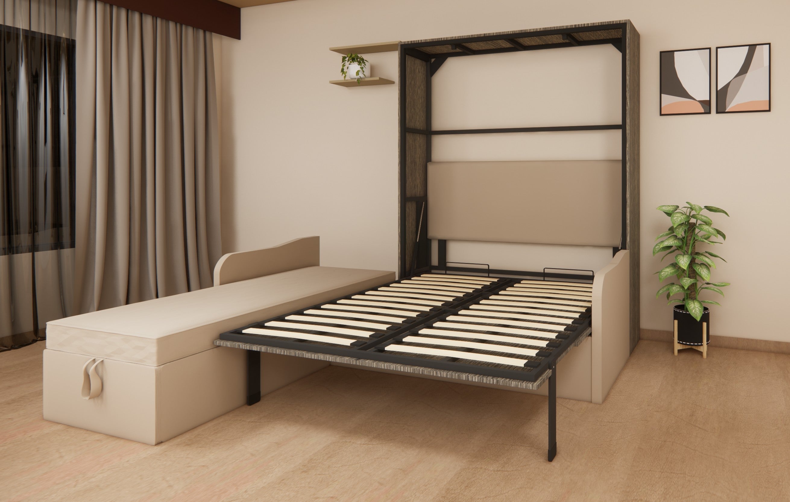 Foldable bed in a room with curtains and a plant.