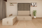 Beige sofa bed in a room with a curtain, shelves, and plants.