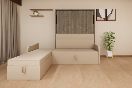 Beige sofa bed in a room with a curtain, shelves, and plants.