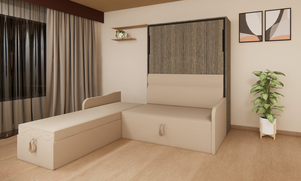 Beige sofa bed in a room with a television and plant