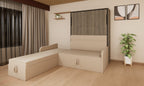 Beige sofa bed in a room with a television and plant