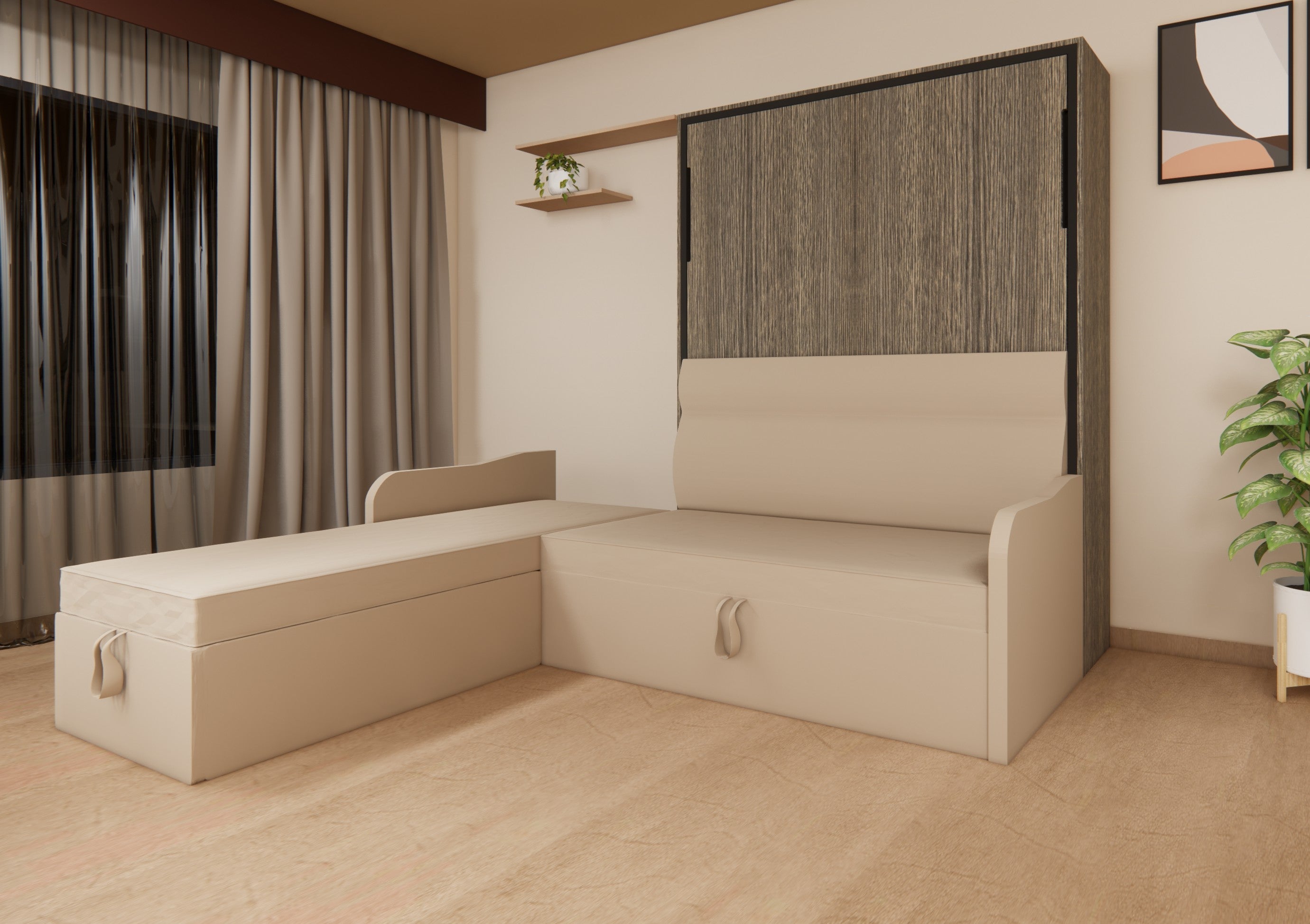 Beige sofa bed in a room with curtains and a plant.
