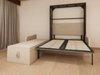 Foldable bed with beige mattress in a room setting