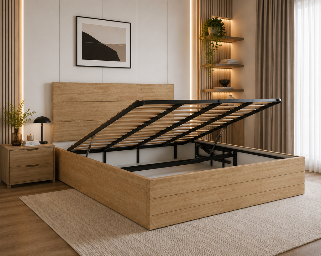 Krirush Bed | Angle Line Upholstered Bed With Storage